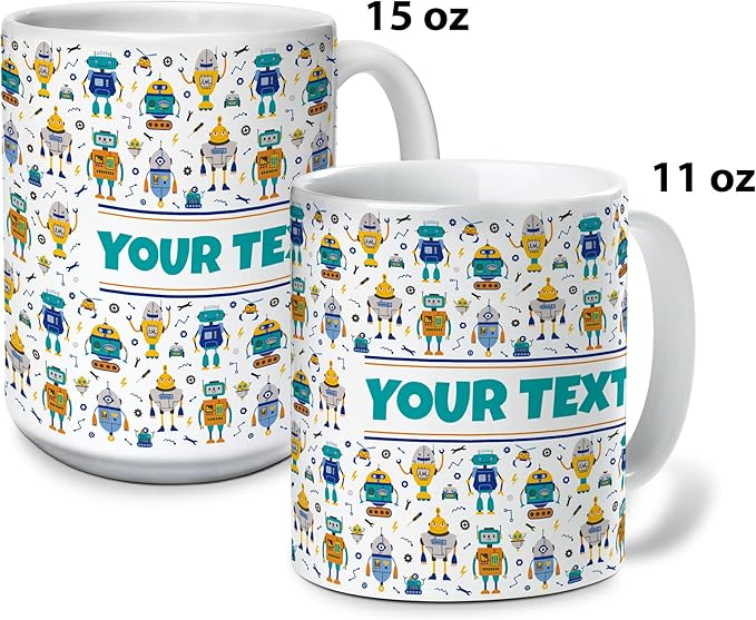 Personalized Mug for Kids - Robots - Custom Name/Text, Ceramic Hot Chocolate/Cocoa/Coffee Cup for Boys, Birthday/Christmas/Holiday Gift - 11 oz, White Handle