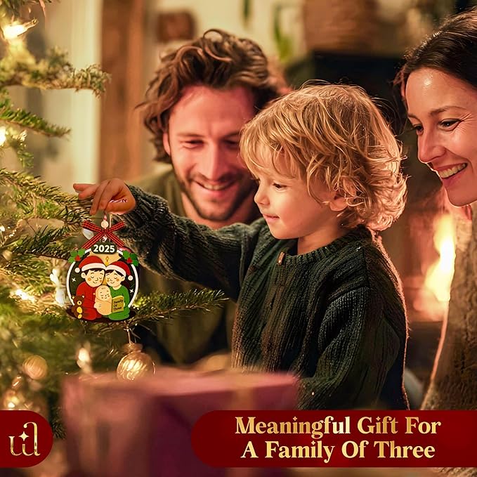 Family of 3 Christmas Ornaments 2025 - Our First Christmas As A Family of Three Ornament 2025, Unique Baby 1st Xmas Ornaments, New Parents Gifts for Mom Dad Xmas Tree Decorations