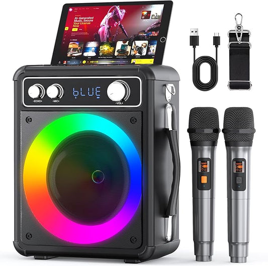 Karaoke Machine, Portable Bluetooth Karaoke Speaker with 2 Wireless Microphones, PA System for Adults Kids with LED Lights, Supports FM/AUX/USB/TF for Home Party