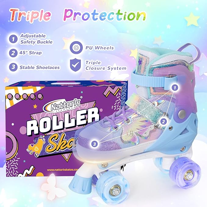 Nattork Kids Roller Skates for Girls Boys Kids, 4 Sizes Adjustable Quad Skates Butterfly and Flower with All Light up Wheels - Birthday Gift for Indoor Outdoor Sports