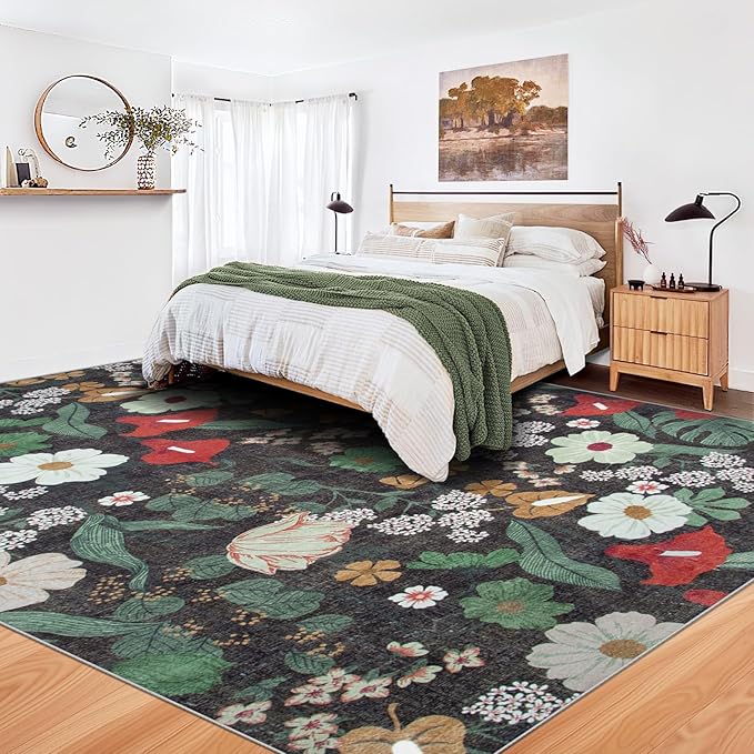 9x12 Area Rug for Living Room: Vintage Floral Washable Rug Soft Boho Non Slip Carpet Large Indoor Floor Non Shedding Low Pile Thin Carpets for Bedroom Dining Room Farmhouse Nursery Home Office Green