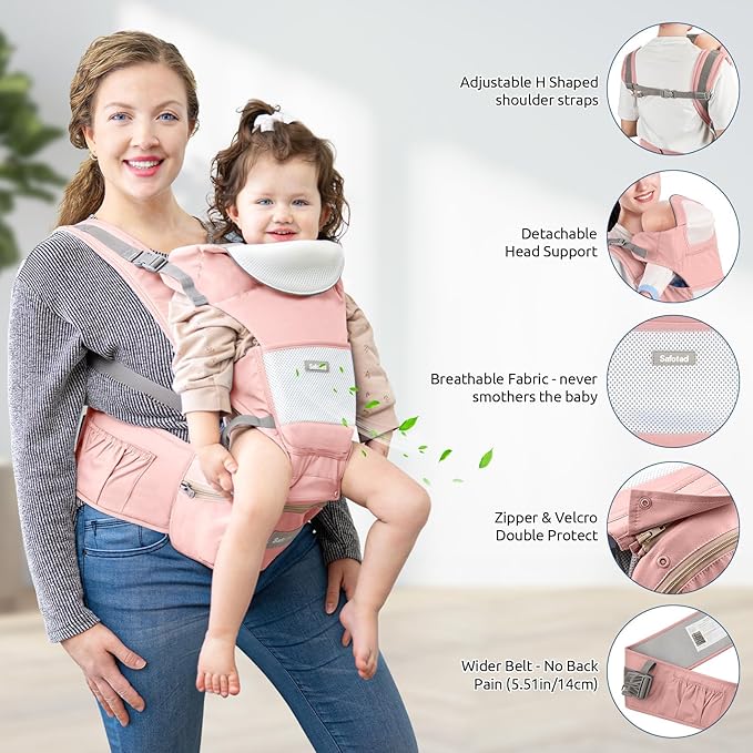 Baby Carrier with Hip Seat, Ergonomic M Position 6in1 Baby Carrier Newborn to Toddler,Head Support and Breathable Mesh Newborn Carrier,Adjustable Baby Holder Carrier for Dad&Mom-Pink