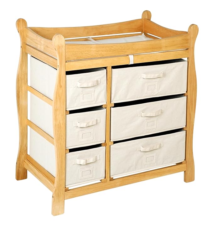 Badger Basket Sleigh Style Baby Changing Table - Diaper Station with 6 Removable Storage Baskets, Safety Rails, Pad, and Belt - Nursery Organizer - Natural/Ecru