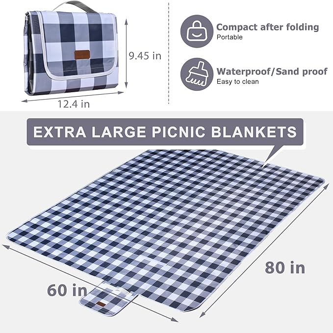 80"x60" Waterproof Sandproof Picnic Mat - Portable Foldable Outdoor Blanket for Beach, Park, Travel & Indoor Use - Lightweight Compact Design, Easy-Carry (Gray&White)