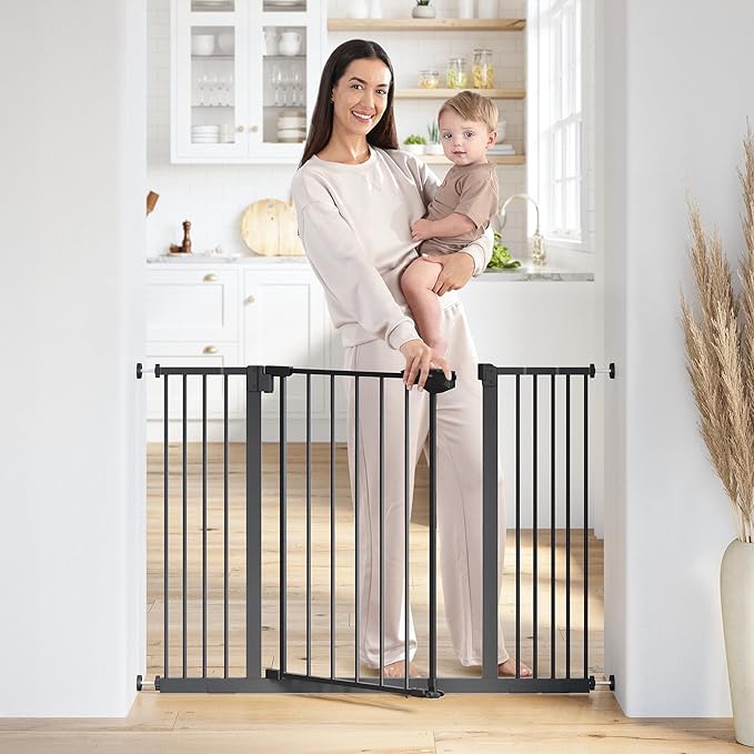 Comfy Cubs Baby Safety Gate with 3 Extensions - Adjustable 42" x 1.9" x 30" Q195 Steel Doorway Barrier - Powder-Coated Finish for Stairs and Doorways - Walk-Through Design Pet Gate - Black
