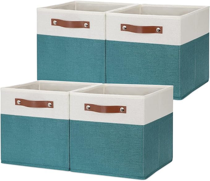 HNZIGE Fabric Storage Cube Bins Baskets for Organizing, 11 inch Cube Storage Bins, Set of 4, Collapsible Storage Bin with Handles, Closet Organizers and Storage Home Toy Nursery Bedroom(White Teal)