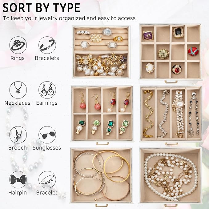 AKOZLIN 6-Tier Jewelry Box Lockable Leather Jewelry Storage Case with 5 Drawers for Women Girls Ring Necklace Earring Bracelet Holder Organizer with Mirror