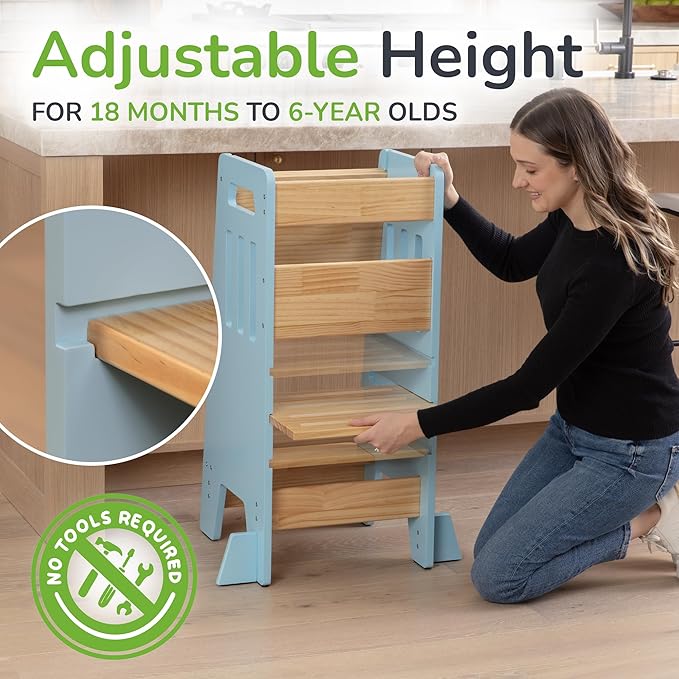 Toddler Tower with a Sliding Door and 3 Adjustable Heights - Complete Toddler Kitchen Stool Helper with Support Feet - Safe Design for 18+ Months to 6-Year-Old Kids - Blue
