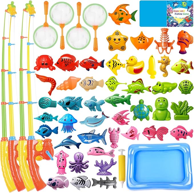 CozyBomB™ Magnetic Fishing Toys Game Set for Kids | Water Table Bathtub Kiddie Pool Party & Pole Rod Net, Plastic Floating Fish Toddler Color Ocean Sea Animals Birthday Age 3 4 5 6 Year