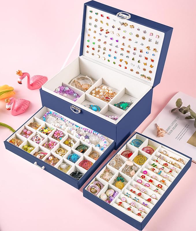 Earring Jewelry Box for Women Girls Stud Organizer, 5 Layers Navy Jewelry Organizer Box With Lock Earring Holder Organizer Ring and Necklace Jewelry Box with Earrings Holder for Women Girls