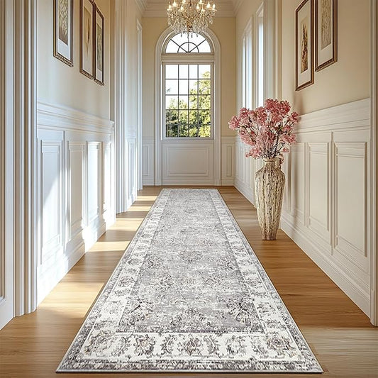 jinchan Long Hallway Runner Rug 2x12 Machine Washable Runner Rug Grey Vintage Floral Design Non-Slip Ultra-Thin for Kitchen Laundry Room Bedroom Farmhouse (2‘x12',Grey)