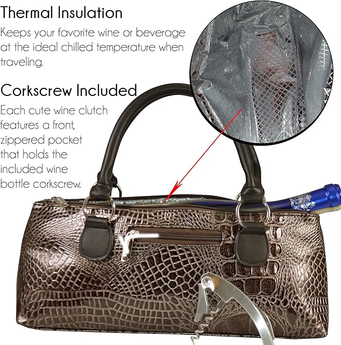 Wine Clutch Bag (Thermal Insulated) Trendy Women’s Carry Tote | Holds Red & White 750mL Bottles | Trendy Fashion | Incl. Portable Waiter-Style Corkscrew