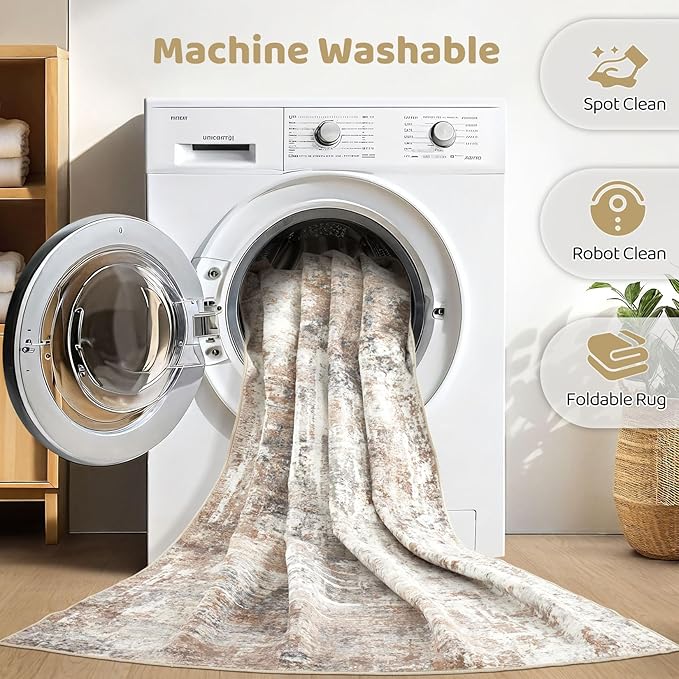 Area Rugs 9x12 Living Room: Washable Large Abstract Modern Soft Rugs Stain Resistant Indoor Floor Non Slip Accent Carpet for Bedroom Nursery Playroom Office Dining Room Dorm Home Decor- Brown