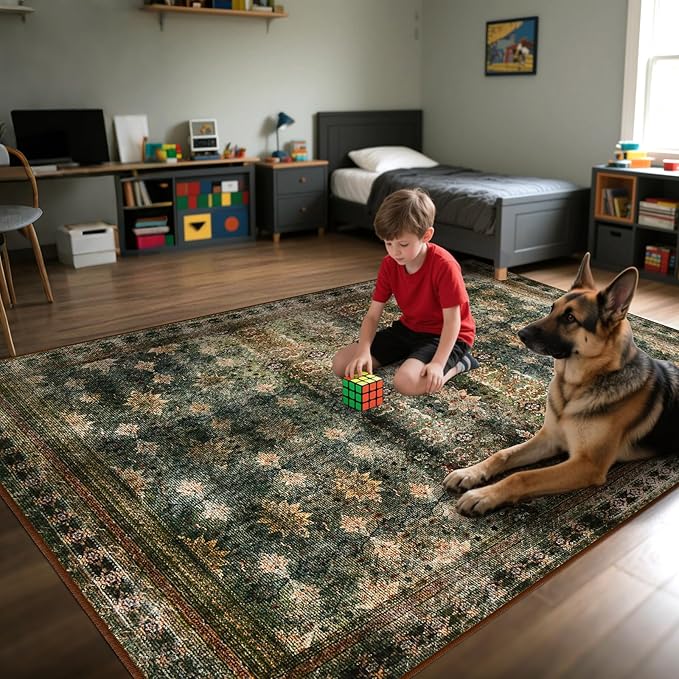 5x7 Washable Area Rug for Living Room Rustic, Non Slip Vintage Floral Bedroom Rugs Retro, Traditional Indoor Floor Carpet for Dining Room, Farmhouse, Office Classroom(Dark Green/Brown/Multi)