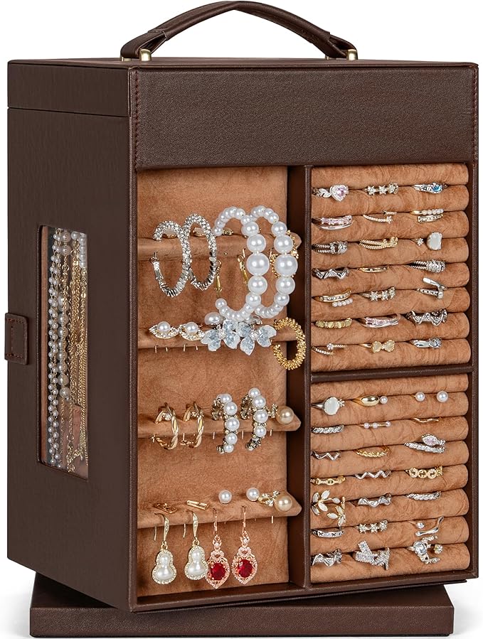 AKOZLIN 360° Rotating Jewelry Box 6-Tier Organizer Functional 360° Rotating Jewelry Storage Case for Women Girls Ring Necklace Earring Bracelet Holder with Mirror Brown