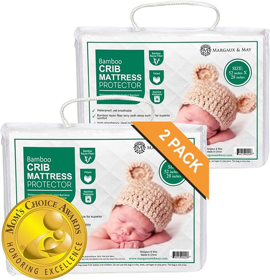 Crib Mattress Protector Pad 2 Pack - Ultra-Soft Waterproof Breathable Premium Bamboo Rayon - Noiseless Fitted Dryer Safe Cover for Crib. High Absorbency Oeko-TEX Certified MARGAUX & MAY