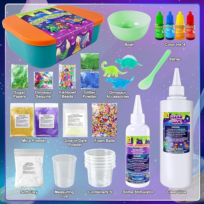Dinosaur Slime Kit for Girls, Glimmer Crunchy, Galaxy Slime Making Kit for Kids 6-12, Glow in The Dark DIY Slime Kit with Add-ins, Foam Balls, Charms, Glitters, Dinosaur Gift Toys
