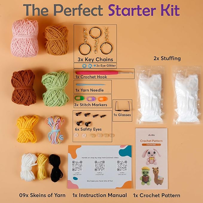 A-URA Learn to Crochet Kit for Beginners Kids and Adults, Premium 3 Animal Pattern Large Size Beginner Crochet Kits with Easy Tube Yarn & Step-by-Step Video Tutorials (Safari Friends–Larger Plushies)