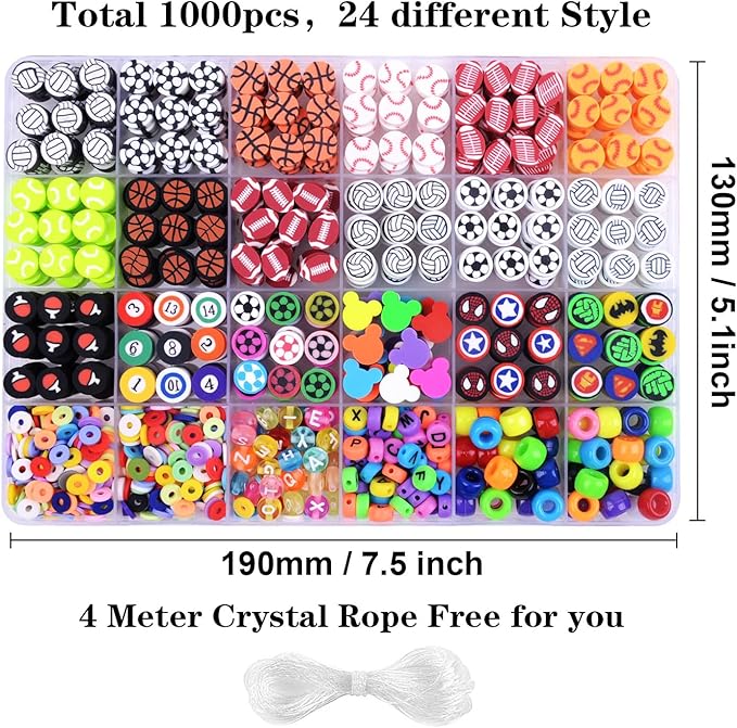 1000PCS Polymer Clay Beads Bracelet Making kit, 24 Style Cute Fun Beads Sports Ball Beads Volleyball Softball Baseball Basketball Soccer Rugby Football Charms for Jewelry Making DIY for Women Girls