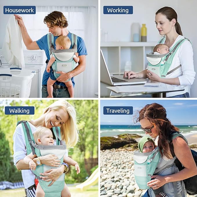 Baby Carrier with Hip Seat, Ergonomic M Position 6in1 Baby Carrier Newborn to Toddler,Head Support and Breathable Mesh Newborn Carrier,Adjustable Baby Holder Carrier for Dad&Mom-Green