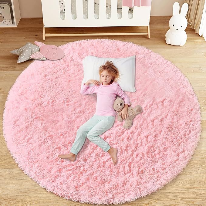 4FT Round Rug for Bedroom: Fluffy Shag Soft Washable Rugs Circle Small Fuzzy Plush Indoor Carpet for Living Room Nursery Playroom Dorm Kids Girls Boys Room (Pink, 4'x4')