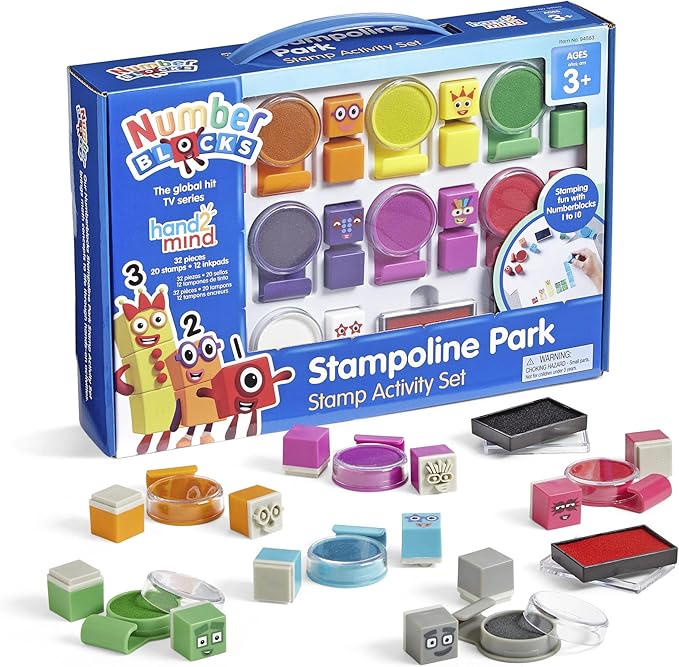 hand2mind Numberblocks Stampoline Park Stamp Activity Set, 20 Stamps, 12 Washable Ink Pads, Number Toys, Kids Arts & Crafts, Preschool Math Toys, Toddler Learning Activities, Birthday Gifts for Kids