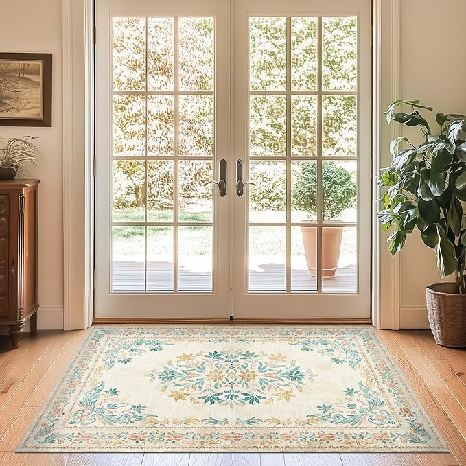 jinchan Vintage Floral 3x5 Area Rugs for Entryway - Machine Washable Distressed Design Ultra-Thin Low-Pile Soft Non-Shedding Carpet for Kitchen Bedroom Laundry Living Room (3x5ft,Apricot Multi)