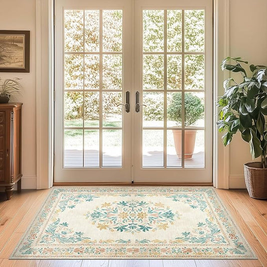 jinchan Vintage Floral 3x5 Area Rugs for Entryway - Machine Washable Distressed Design Ultra-Thin Low-Pile Soft Non-Shedding Carpet for Kitchen Bedroom Laundry Living Room (3x5ft,Apricot Multi)