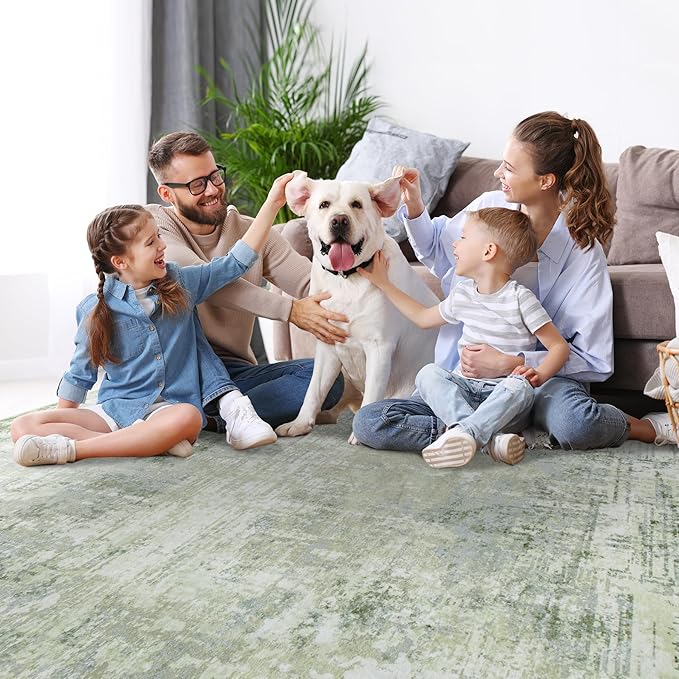 Runner Rug for Hallways Kitchen 2'6"x8' Washable, Non Slip Carpet 8ft Area Rugs Entryway Rubber Backed 8 Feet Neutral Abstract Modern Low Pile Indoor Green