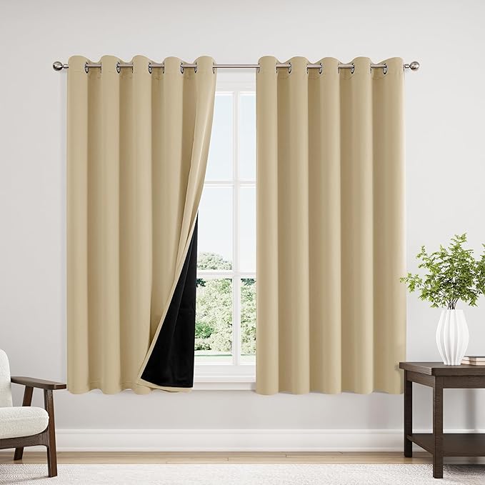 ChrisDowa 100% Blackout Curtains 63 inch Long for Bedroom with Black Liner, Extra Wide 2 Thick Layers Total Blackout Thermal Insulated Grommet Window Curtains 2 Panels Set (Beige, 60 x 63 Inch)