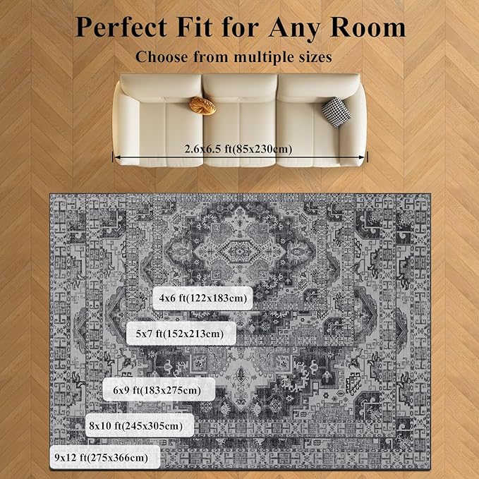 Washable Rugs 5x7 Area Rugs for Living Room, Thin Carpet for Bedroom, Soft Faux Wool Retro Dining Room Rug，Non Slip&Non-Shedding Resistant Low Pile Vintage Print Rug for Home Office (Medium Gray)