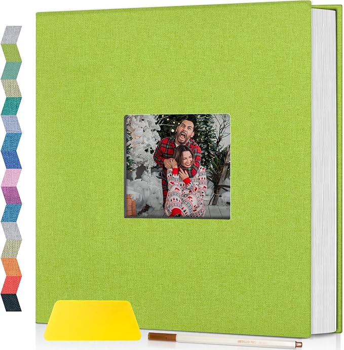 popotop Photo Album Self Adhesive with Picture Display Window,60 Pages DIY Scrapbooking Supplies Kit for 4x6 10x12 Picture,Linen Cover Memory Book for Baby Wedding, with Scraper and Metallic Pen