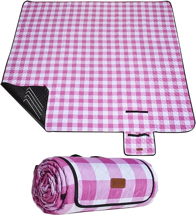 HX&OD Outdoor Picnic Blanket, Extra Large, 80''x60'' Waterproof Foldable Blankets Gingham Picnic Mat for Beach, Camping Grass Lawn Park Accessories Cute Couple Ideas Wedding (Pink, 80”x60”)