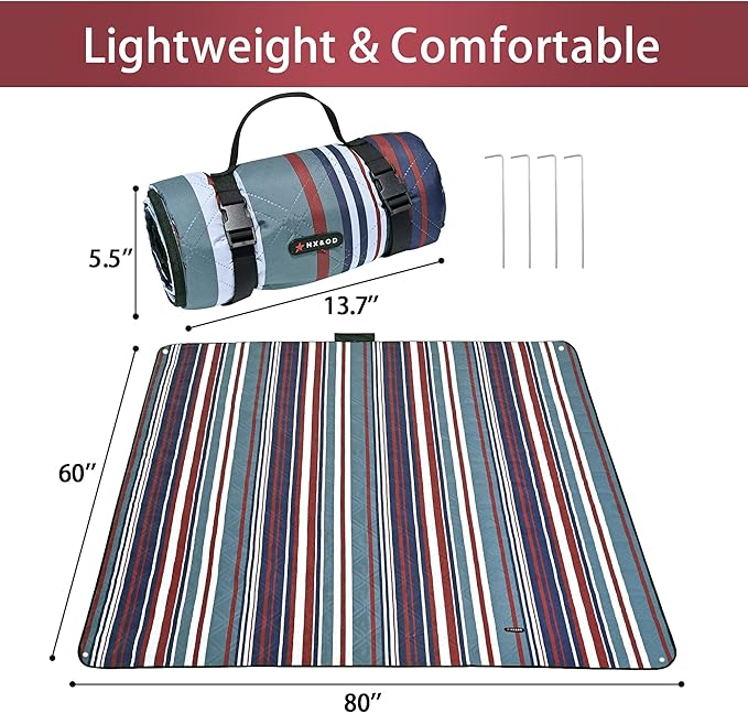 HX&OD Outdoor Picnic Blanket Extra Large, 80''*60'' Waterproof Picnic Mat with Stakes Foldable Camping Blanket Portable with Carry Strap for Beach Mat (Green& White, 80''*60'')