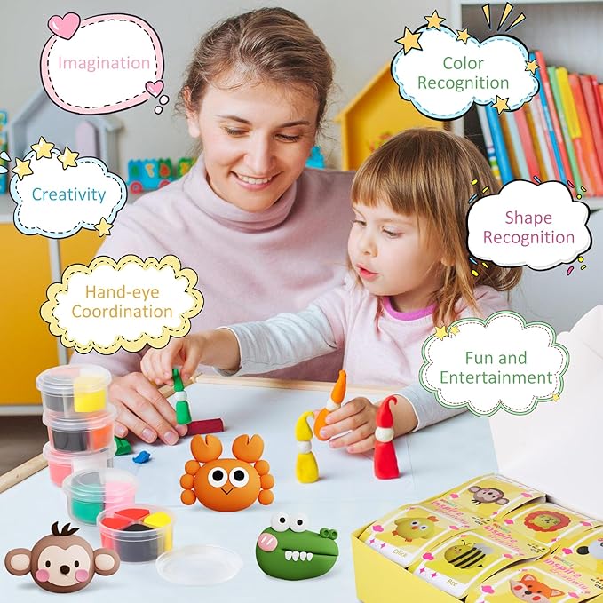 Air Dry Clay Kit for Kids, Modeling Magic Clay for Kids, Ultra Light & Soft, 12 Boxes DIY Animals Model with Step by Step Tutorial and 5 Sculpting Tools, Creative Art Crafts Toys Gifts for Girls Boys