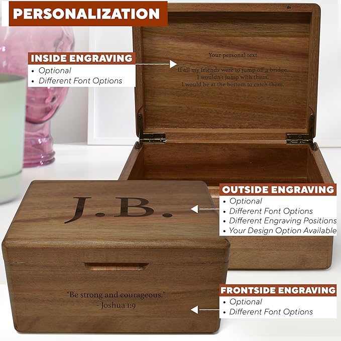 Custom Engraved Small Wooden Box - Acacia Wood Memory Boxes with Personalized Hidden Message, Walnut Keepsake Box for Pictures, Wedding Photo, Jewelry, Decorative Treasure Chest Rustic Crate, 8x6x4 in
