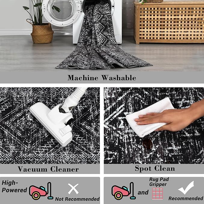 COZYLOOM 4x6 Washable Rug for Bedroom Vintage Non Slip Large Area Rug Geometric Soft Throw Rugs Low Pile Stain Resistant Carpet for Office Dining Room Living Room, Black