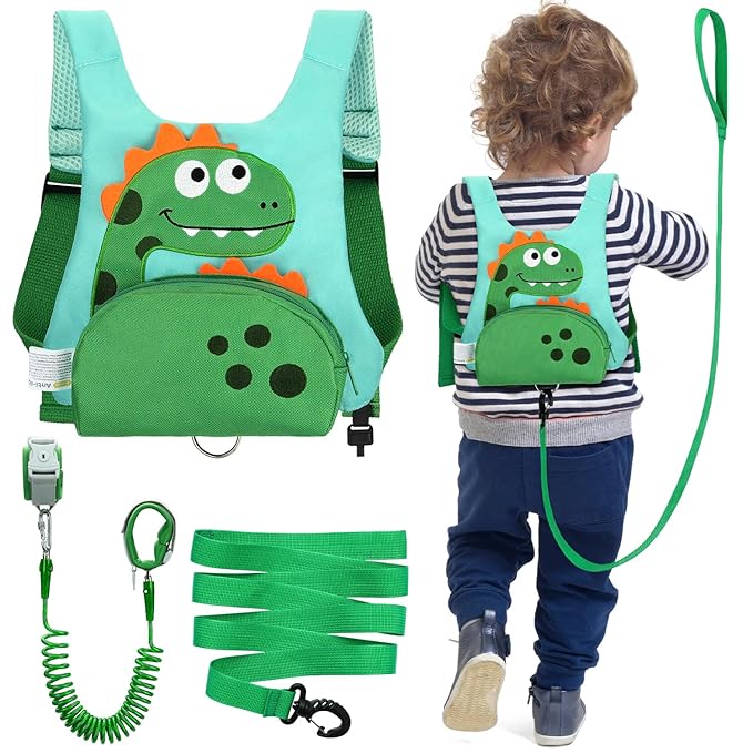 Dr.meter 3 in 1 Toddler Harness Leash + 8.2ft Anti Lost Wrist Link, Cute Dinosaur Kids Safety Harness Tether with Key Lock, Child Protective Leashes While Walking for Outdoor Activity Keep Kids Close