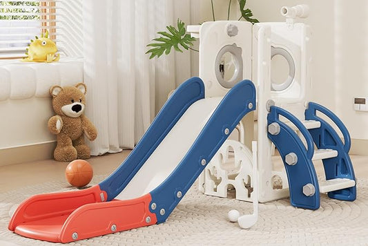 67i Toddler Slide for Kids - Foldable Indoor/Outdoor Plastic Slide with Basketball Hoop, Anti-Slip Steps, Safe & Durable Playground Equipment for 1-3 Years (Red Blue)