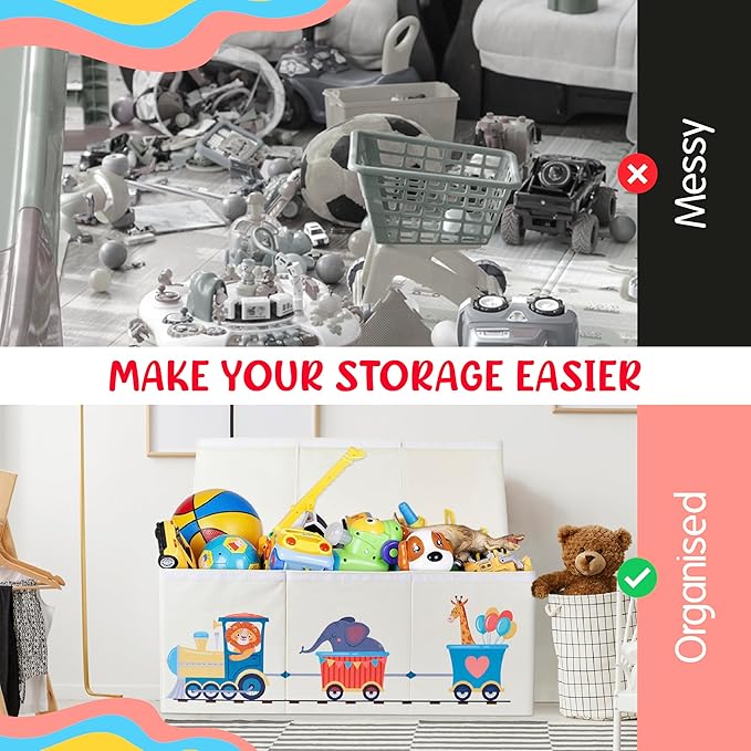 Extra Large Collapsible Sturdy Toy Storage Organizer with Lids, Animal Train Toy Box for Boys Girls, 40"x16"x16", Modern, Beige