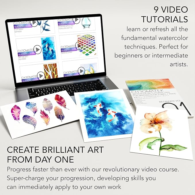 CHROMATEK Watercolor Paint Set, 84 Piece Kit, Video Tutorial Course, 48 Tubes, from Beginner to Intermediate & Professional Artists, Paper, 8 Brushes, Palette, Aquapen, Masking Tape, 12ml Tubes