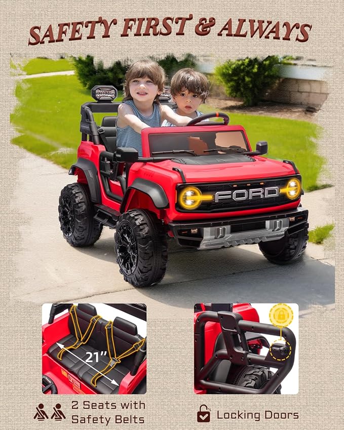 Ford Bronco 24V Ride on Toys for Boys & Girls, 2 Seater Kids Electric Car with Remote Control, Kids Ride on Truck with 4 Wheels Suspension, Led Lights, Safety Belt (24V, Red)