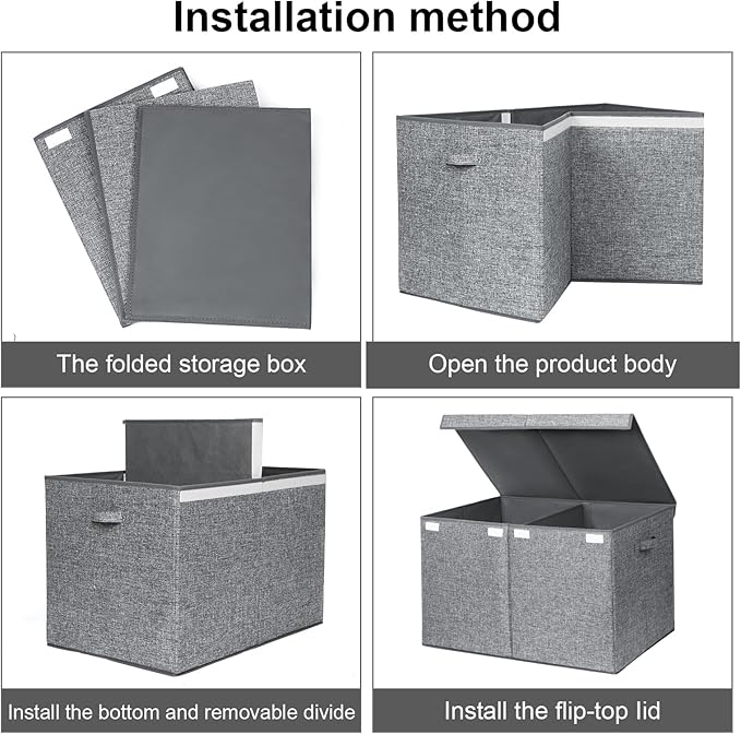 popoly 122L Large Toy Chest Box with Lid, Foldable Toy Storage Organizer Bin Boxes with Removable Divider for Kids, Boys, Girls, Nursery, Playroom, 26"x17" x17"(Linen Gray)