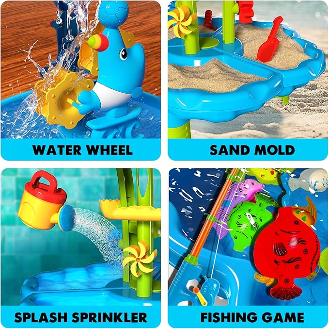 CozyBomB™ Water Table for Toddlers 3-5 | Outdoor Toys Water Play Table, Magnetic Fishing Toy Game, Summer Splash Pond Showers Sand Activity, Sensory Party Birthday Gift Kids Ages 4-8 9-12 (2-Tiers)