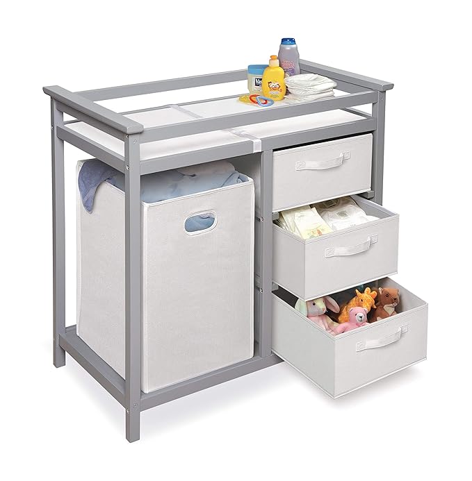 Badger Basket Modern Baby Changing Table - Nursery Furniture with Laundry Hamper and 3 Storage Drawers - Diaper Changing Station with Safety Belt, Changing Pad, Organizer Baskets - Cool Gray and White