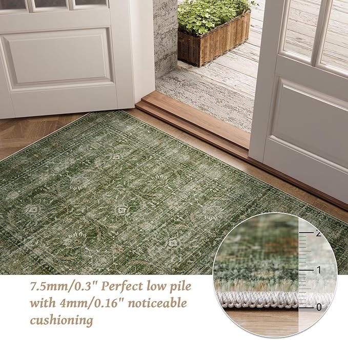 Washable 3x5 Entryway Rug Indoor, Boho Non-Slip Silicone Backing Small Rugs for Kitchen Nursery Office Bedroom, 0.3" Neutral Oriental Throw Carpet with 0.16" Cushioning Pad, Grass Green/Multi