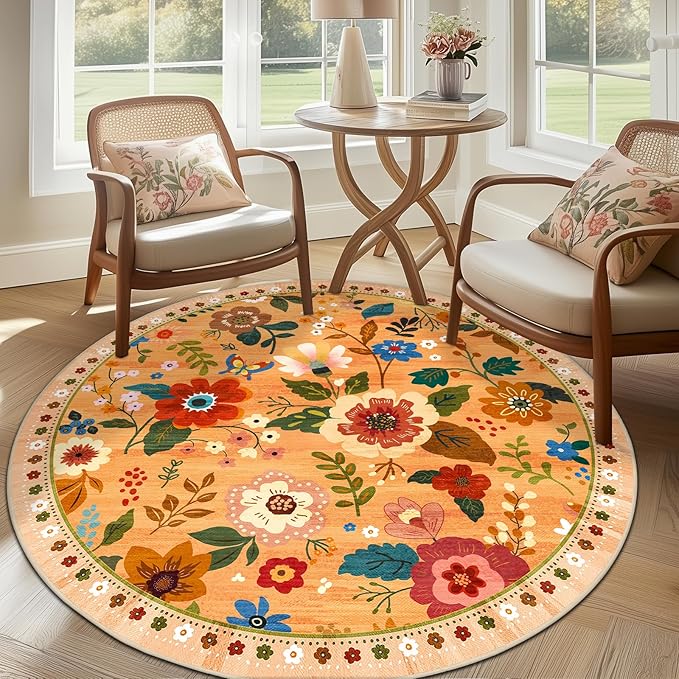 Floral 8ft Area Rug Machine Washable Soft Print Boho Carpet Non Slip Doormat Low Pile Flower Area Rugs for Living Room Bedroom Nursery Kitchen Dining Room Indoor-Yellow/Orange