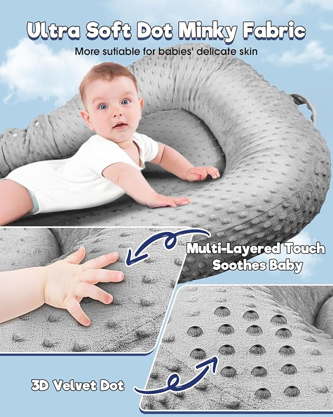 Baby Lounger Pillow : 3-in-1 Infant Lounger for Newborn 0-24 Months, Portable Tummy Time Mat for Home and Travel, Breathable & Soft Baby Seat for Baby, Babies Essentials Gifts, Grey
