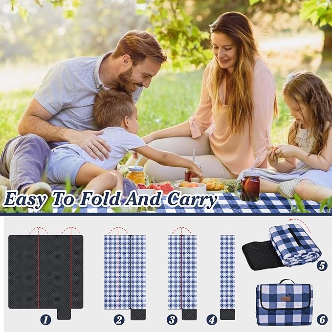 Extra Large Picnic Blanket 80''x 60'' Picnic Mat Waterproof Sand Proof Foldable for Beach, 5-Layer Outdoor Blanket for 6 to 8 Adults,Camping Lawn Hiking Park Music Festival Wedding Mats(Navy Blue)