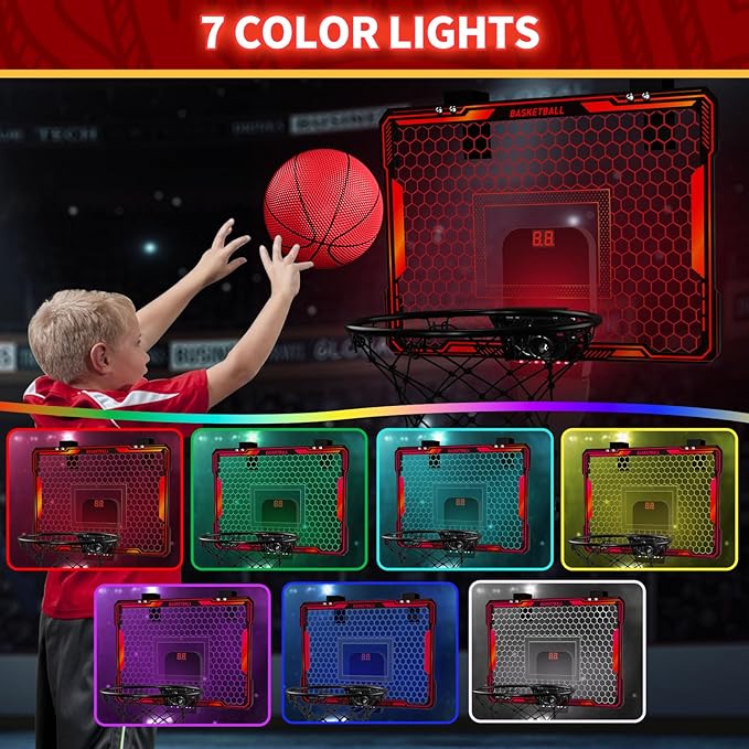 Mini Basketball Hoop Indoor with 7 LED Lighting, Scoreboard, 3 Modes, Volume Adjustable, Over Door Basketball Hoop Foldable, Basketball Toys for Kids Adults Gifts (Red)